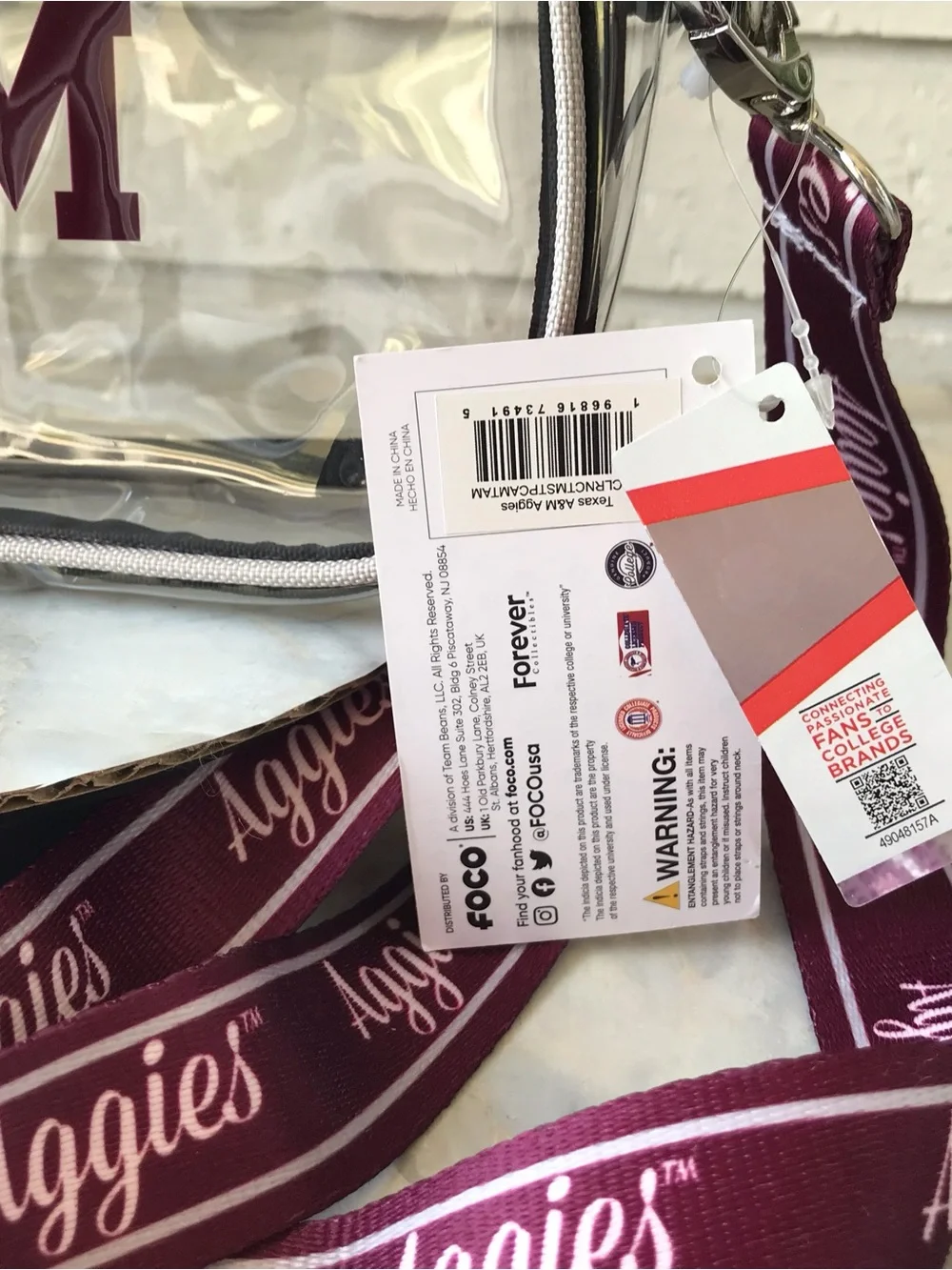 Texas A&M Clear Crossbody Bag with Maroon Aggies Strap NWT